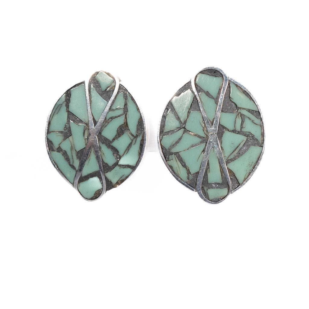 Turquoise Inlay Earrings Sterling Silver Mexico vintage - Rhinestone Rosie