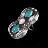Turquoise and Mother of Pearl Ring Sterling Silver vintage - Rhinestone Rosie