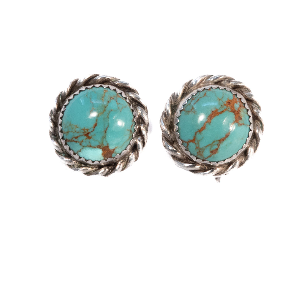 Turquoise Cabochon Earrings Sterling Silver vintage - Rhinestone Rosie
