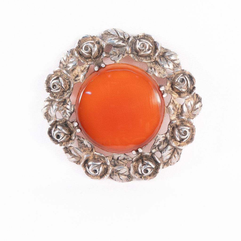 Wachenheimer Carnelian Rose Brooch sterling silver vintage - Rhinestone Rosie