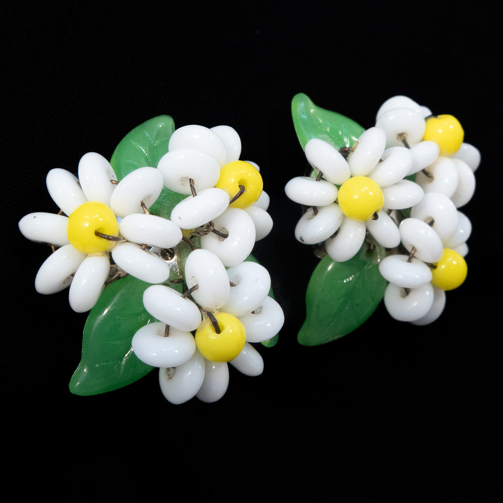 West Germany Beaded Flower Earrings vintage - Rhinestone Rosie