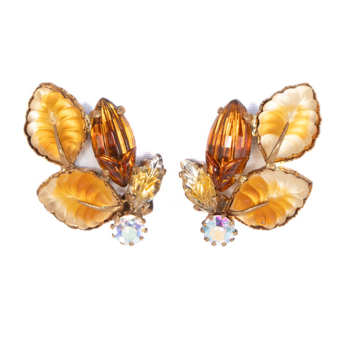 West Germany Topaz Aurora Borealis Leaf Earrings