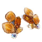 West Germany Molded Leaf Brown Aurora Borealis Earrings vintage - Rhinestone Rosie