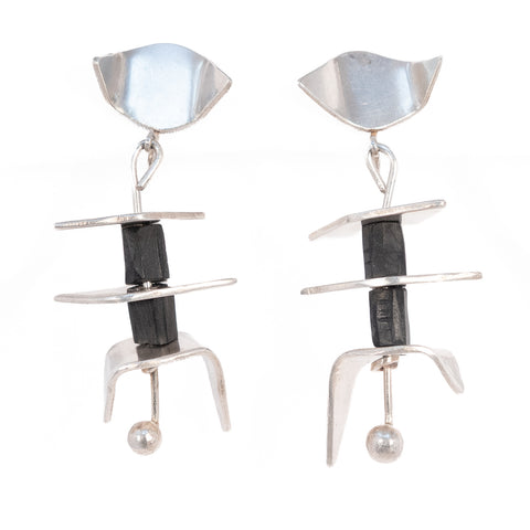 Wood and Sterling Silver Modernist Earrings