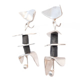Wood and Sterling Silver Modernist Earrings vintage - Rhinestone Rosie