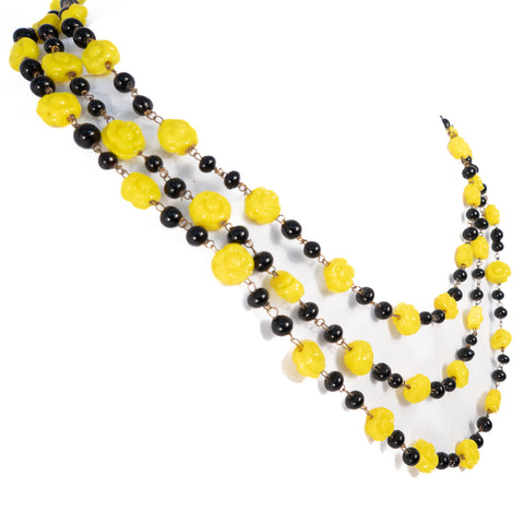 Yellow and Black Glass Flower Bead Necklace
