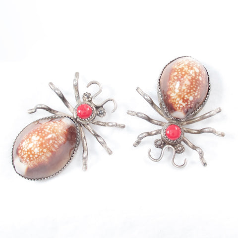 Silver Spider Cowrie Shell Brooch Set