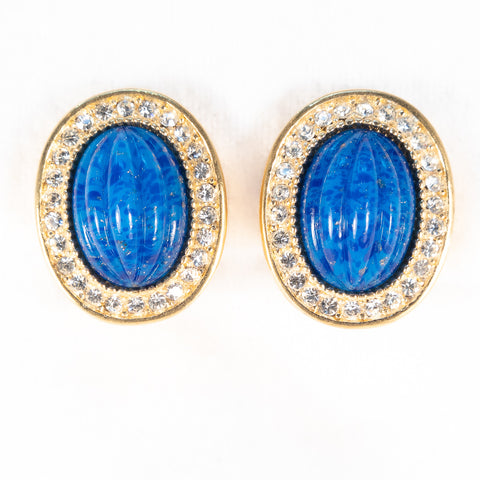 Christian Dior Lapis Glass and Rhinestone Earrings