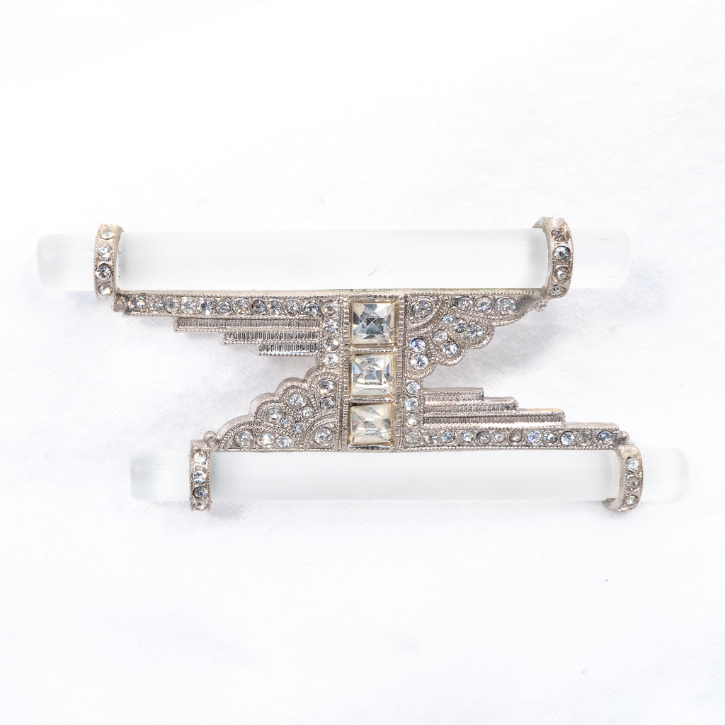 Art Deco Frosted Glass Brooch Czechoslovakia vintage - Rhinestone Rosie