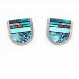 Jim Harrison Navajo Inlaid Turquoise Mosaic Earrings Sterling Silver Vintage - Rhinestone Rosie
