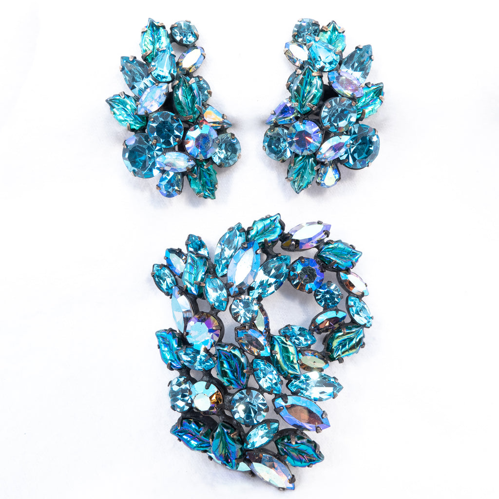 Regency Glass Leaf Set - Brooch and Earrings - vintage - Rhinestone Rosie