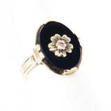 Black Onyx Ring with Flower 10K vintage  - Rhinestone Rosie 