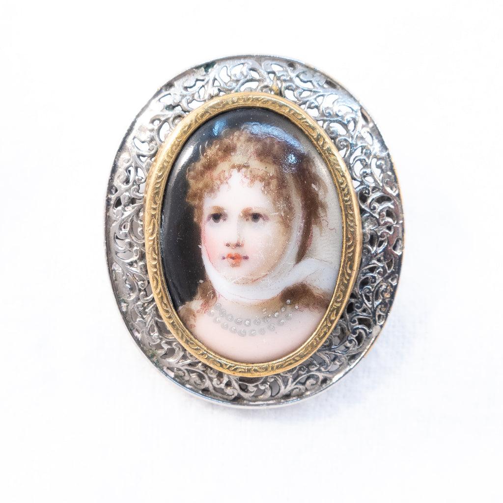 Queen Louise of Prussia Miniature Painted Cameo Brooch - Rhinestone Rosie