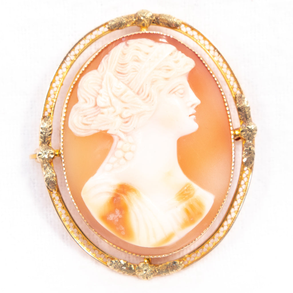 Bacchante Maiden Shell Cameo Brooch by George L Paine Co 10kt antique - Rhinestone Rosie