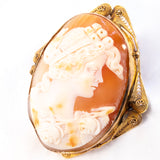 Woman with Roses Cameo Shell 10kt Filigree Brooch vintage - Rhinestone Rosie