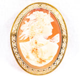 Bacchante Shell Cameo Brooch with Instrument 10kt vintage - Rhinestone Rosie