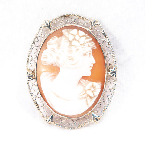 Art Deco Cameo Brooch of Woman with Flowers