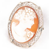 Art Deco Shell Cameo Brooch of Woman with Flowers 14kt white gold filigree - Rhinestone Rosie