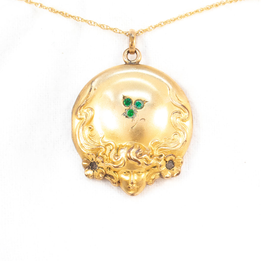 Art Nouveau Gold Filled Lady and Clover Locket - Rhinestone Rosie