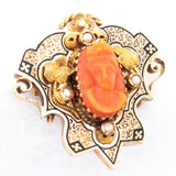 Coral Cameo and Pearl Taille d'Epargne Enamel Brooch Antique- Rhinestone Rosie