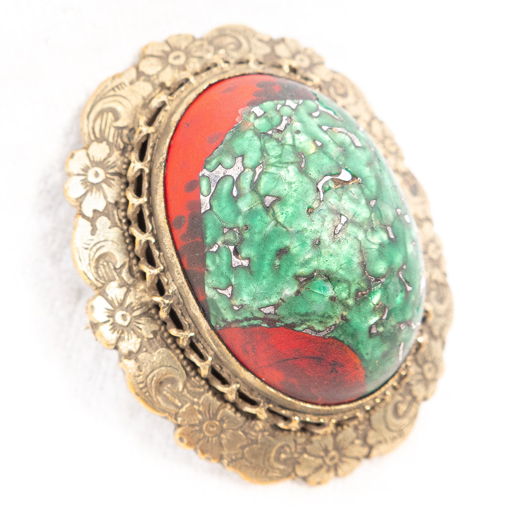 Victorian Art Glass Enamel Brooch Red Green Silver antique  - Rhinestone Rosie