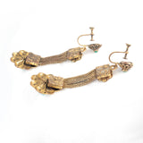 Green Cabochon Brass Flower Chain Earrings 1930s - Rhinestone Rosie 