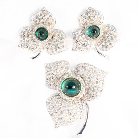 Green Rhinestone Flower Set - Brooch and Earrings