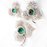 green bullet cabochon rhinestone flower Set - Brooch and Earrings vintage - Rhinestone Rosie