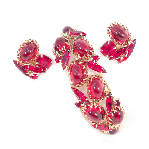 Red Rhinestone Clamper Bracelet and Earring Set