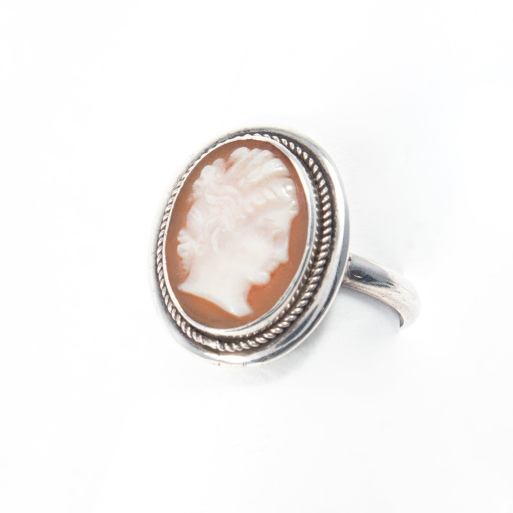 Shell Cameo Sterling Silver Ring Vintage - Rhinestone Rosie