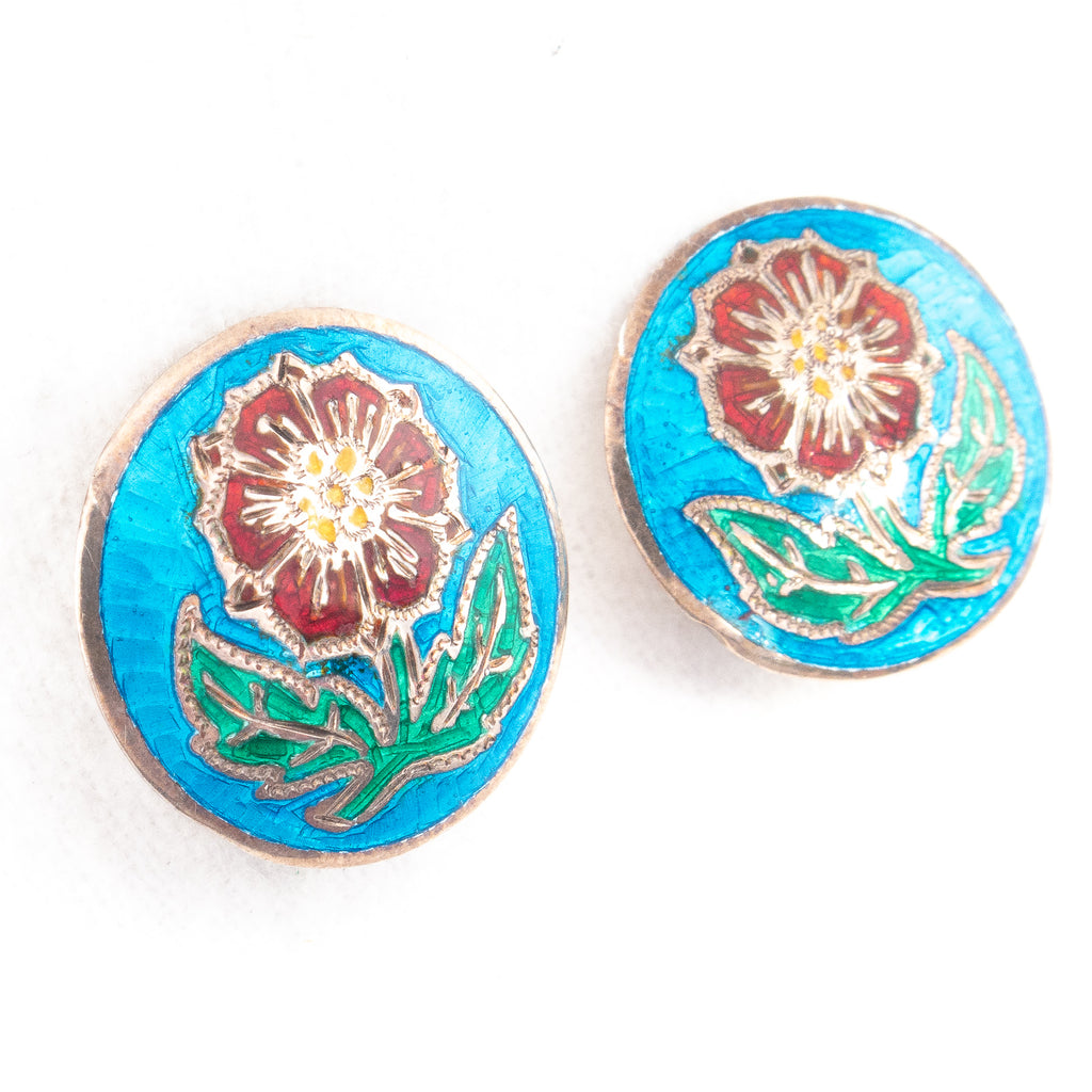 Siam Sterling Enamel Flower Earrings Vintage - Rhinestone Rosie
