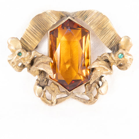Topaz Glass Hexagon Brooch with Dragons